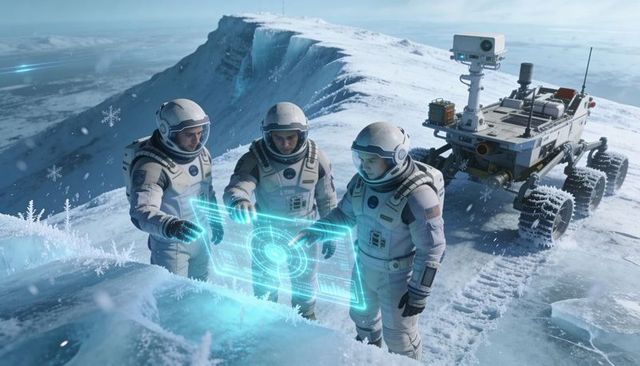 Astronauts analyzing holographic map on glacier ridge with exploration rover