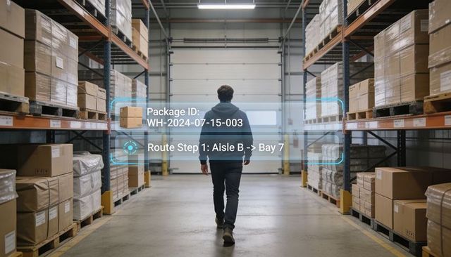 Warehouse worker walking aisle with ar overlay showing package id and route guidance
