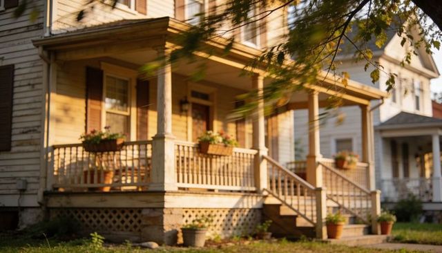 Sunlit front porch welcoming, basking in golden hour light, flower boxes, wooden balustrade