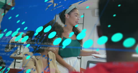 Diverse Team Collaborating in Modern Workspace with Digital Overlay