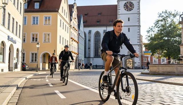 Cyclists commuting through historic european plaza with clock tower and cobblestone streets