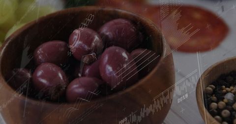 Rustic Olives in Wooden Bowl with Visual Data Overlays