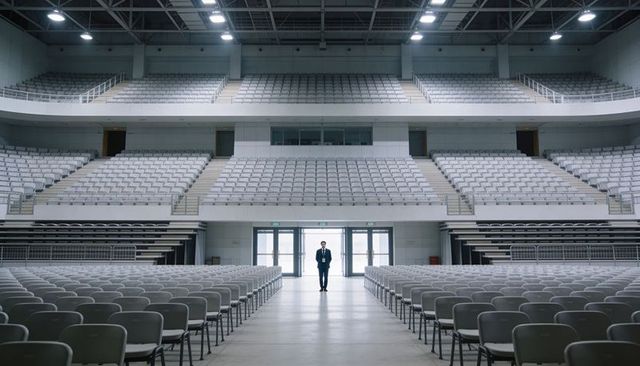 Standing man surveying empty conference arena from central aisle with folding chairs