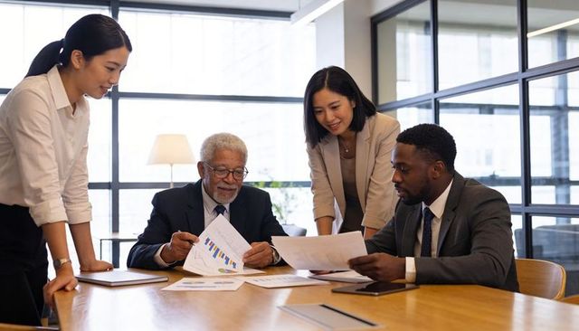 Diverse corporate team reviewing financial reports and charts in modern boardroom meeting