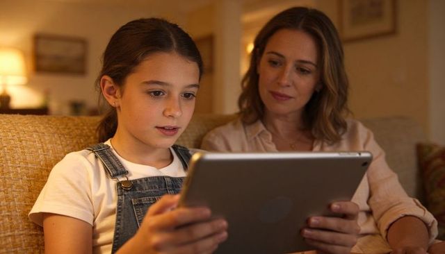 Mother and daughter watching tablet on mustard sofa evening family bonding and learning