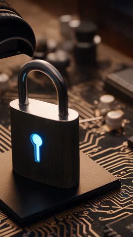 Vertical cyber security video featuring robotic gripper inspecting illuminated padlock on circuit bo