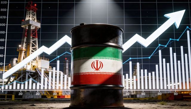 Iran oil barrel representing surge in crude prices with rising market chart and offshore rig