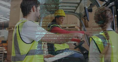 Forklift Operator Directing Team in Warehouse Wearing High-Vis Vests with Code Overlay