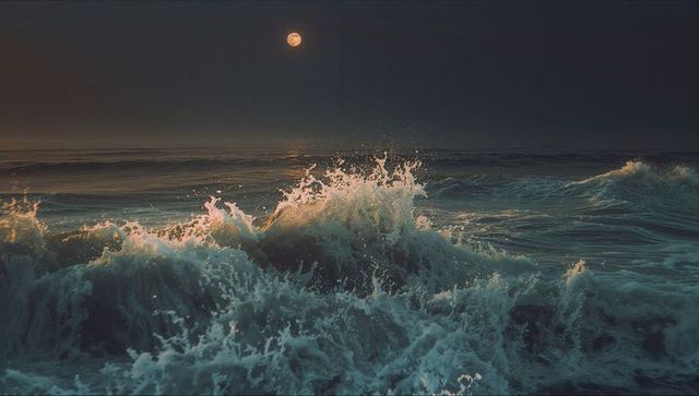 Full moon illuminating crashing ocean waves at night
