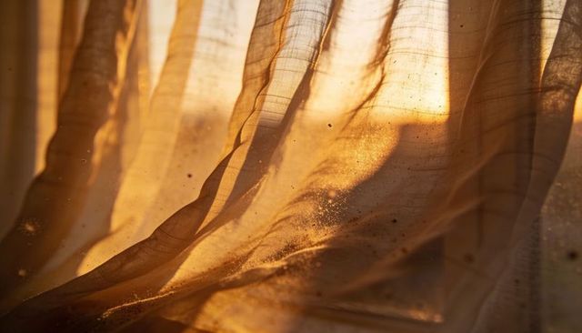 Billowing sheer curtains catching golden sunset light, floating dust motes, warm glow