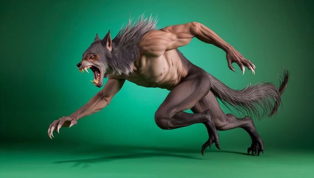 Ferocious wolf-human hybrid creature on green background