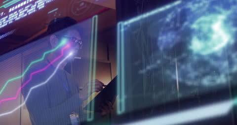 Data Processing Professional in Server Room with Digital Interface