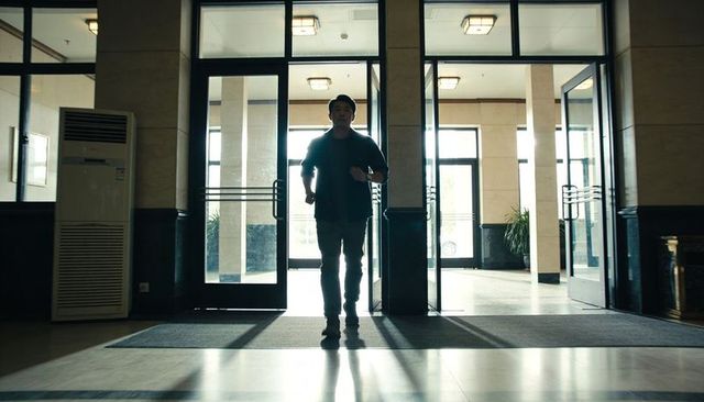 Backlit silhouette walking through modern glass lobby entrance with dramatic shadows