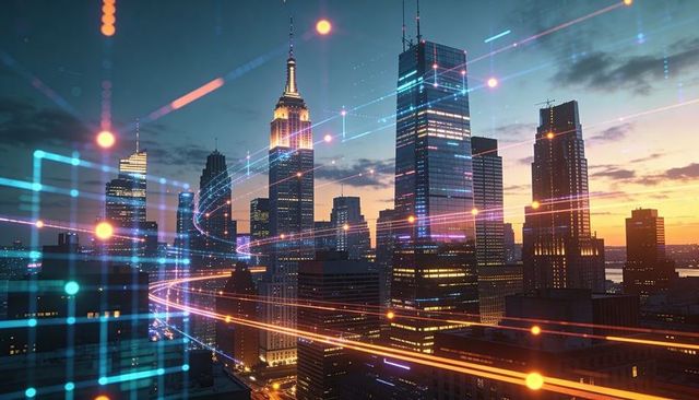 Smart City Network at Sunset Showing Neon Data Trails Across Futuristic Urban Skyline