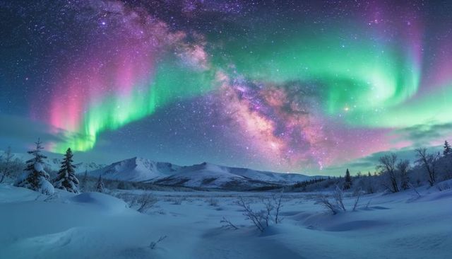 Aurora borealis and milky way arching over snow-covered arctic valley under stars