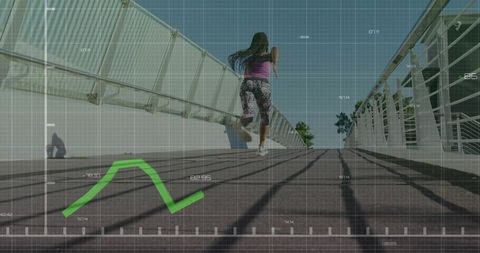 Female runner sprinting uphill on urban bridge with fitness hud and performance graph