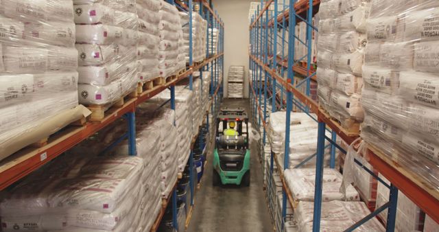 Warehouse forklift driver transporting goods stored on industrial shelves filled with pallets. This scene is an excellent illustration of warehouse operations, inventory management, and logistics efficiency. Ideal for use in articles, presentations, and adverts related to supply chain management, industrial organization, and logistics services.