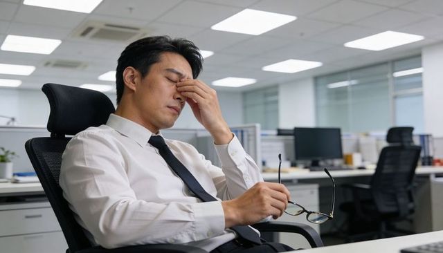 Stressed businessman pinching nose at desk holding glasses showing workplace fatigue