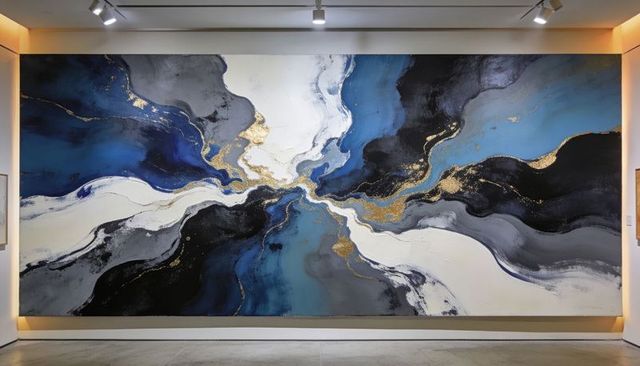 Flowing blue and gold abstract canvas spanning gallery wall with metallic accents