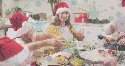 Family Enjoying Christmas Dinner with Santa Hats and Festive Spirit