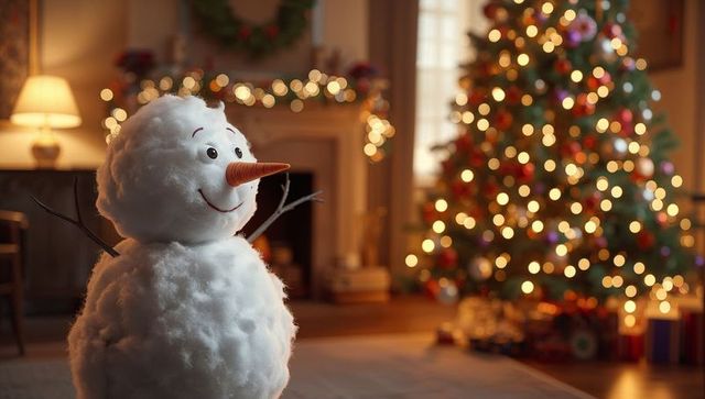 Cozy Christmas Living Room with Snowman and Festive Decor