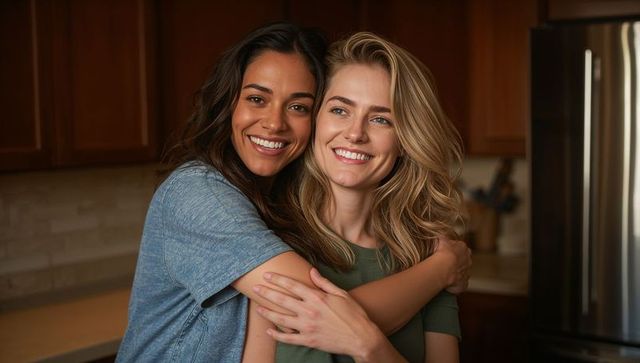 Smiling friends hugging in cozy kitchen enjoying togetherness and warm morning light