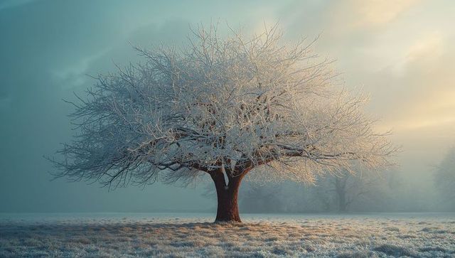 Serene Frost-Covered Tree in Tranquil Winter Landscape