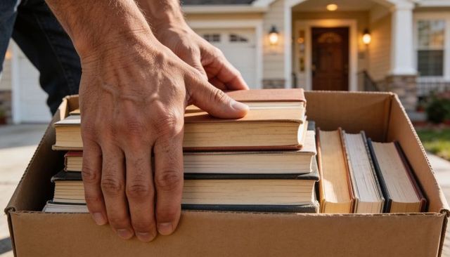 Hands stacking books in cardboard box on driveway during moving day at suburban home