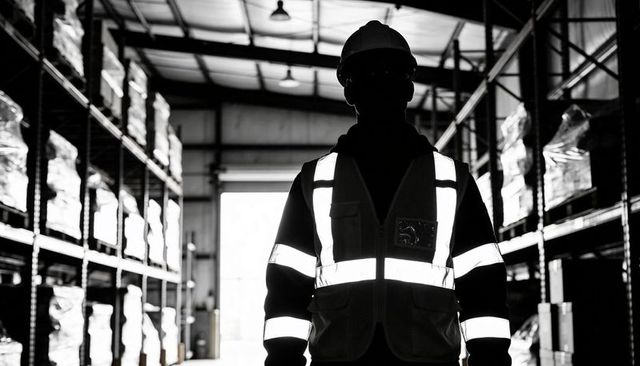 Backlit warehouse worker standing in reflective safety vest and hard hat silhouette
