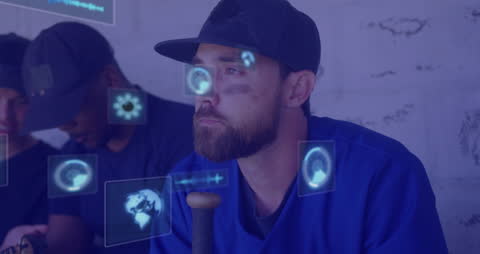 Athletes in Dugout with Futuristic Digital Data Holograms