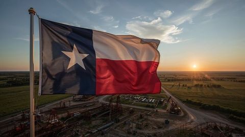 Texas State Flag Over Oil Field at Sunset in Rural Landscape