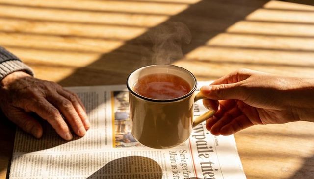 Passing steaming mug between young and senior hands over sunlit newspaper morning ritual