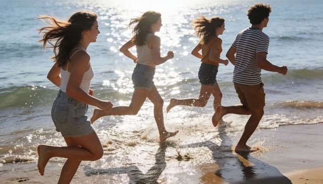 Friends running barefoot along sunlit shoreline, summer beach fun and energetic motion