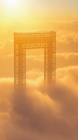 Gliding Above Golden Clouds Approaching Ornate Archway at Sunrise Vertical Video