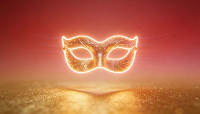 Glowing venetian masquerade mask with ornate filigree floating above golden glitter