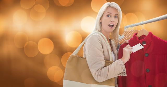 Digital composite of Surprised woman holding price tag of jacket over bokeh
