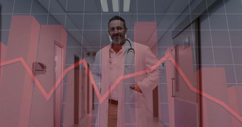 Doctor in Hospital Corridor with Financial Graph Overlay