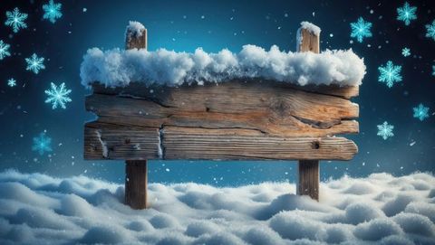 Rustic Wooden Signboard Draped in Snow with Falling Snowflakes