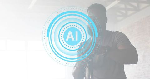 Adjusting tripod in loft with blue ai interface overlay, silhouette technician backlit