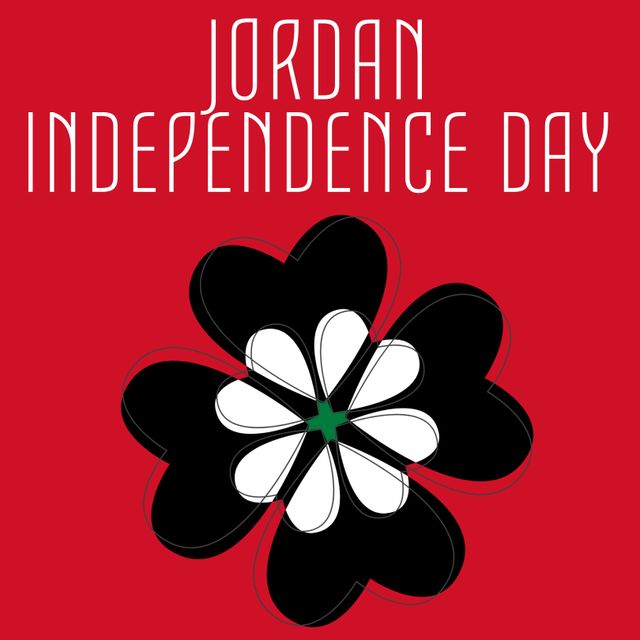 Illustration featuring text 'Jordan Independence Day' with a unique flower design on a red background. Ideal for use in designing festive banners, posters, social media posts, or any graphic related to Jordan's national celebrations.