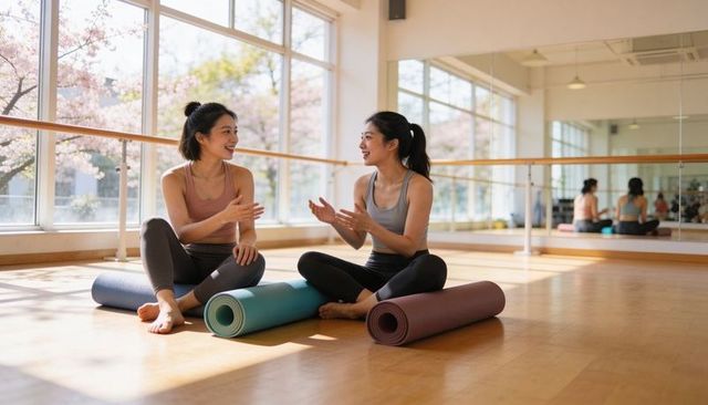 Two women chatting and smiling in sunlit yoga studio with rolled mats and mirror
