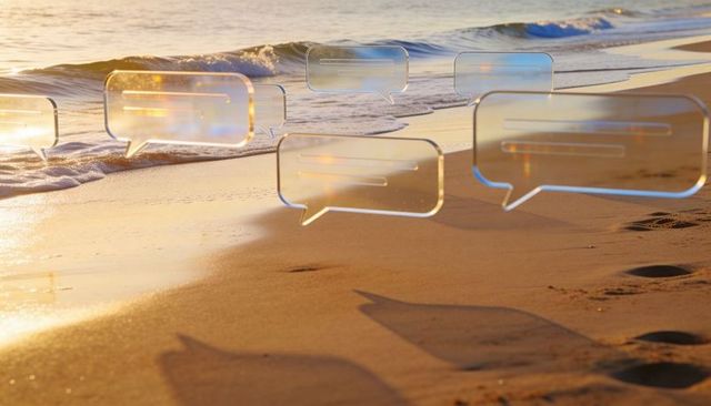 Floating glass speech bubbles reflecting golden sunset light and casting shadows on shoreline