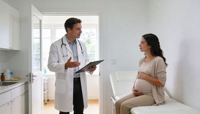 Doctor discussing prenatal care with expectant mother in bright clinic consultation