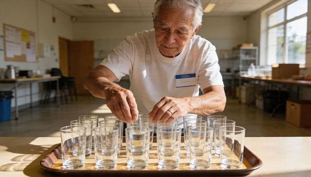 Senior volunteer arranging water glasses on tray preparing refreshments in community center