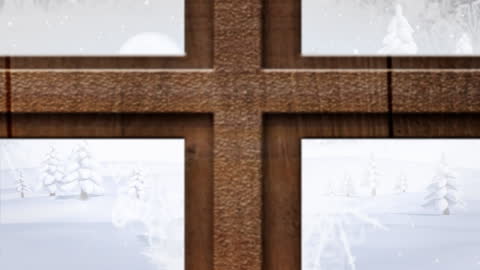 Wooden Window Overlooking Snowy Landscape Scene