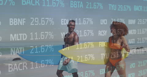Beach Adventure with Digital Financial Data Overlay