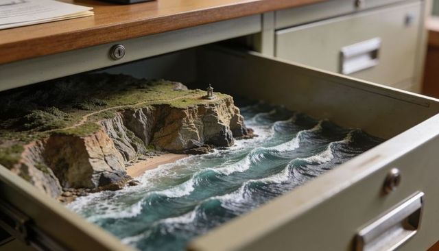 Miniature coastal diorama with lighthouse, cliffs and breaking waves in metal drawer