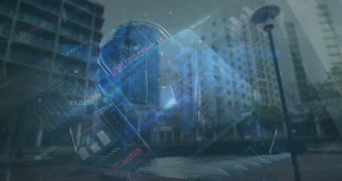 Digital Data Processing Over Cityscape with Padlock Symbol