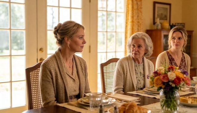 Three generations sharing cozy sunlit meal at dining table with vibrant floral centerpiece