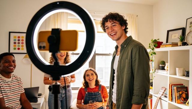 Young creators livestreaming in cozy apartment with ring light and friends